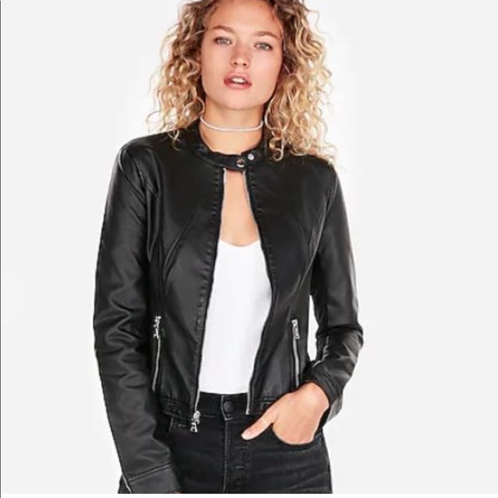 Express Faux Leather Mixed Construction Moto Jacket Stretch Pockets Black Large